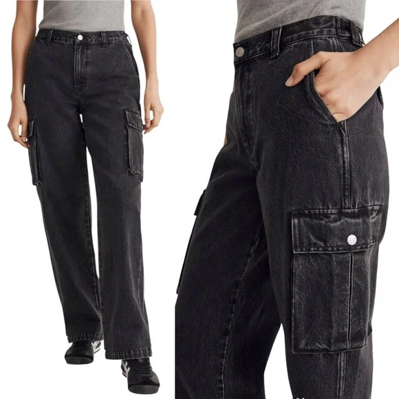 Madewell Low-Slung Straight Cargo Jeans Faded Black Baggy Slouchy Women’s W33P - Picture 7 of 17